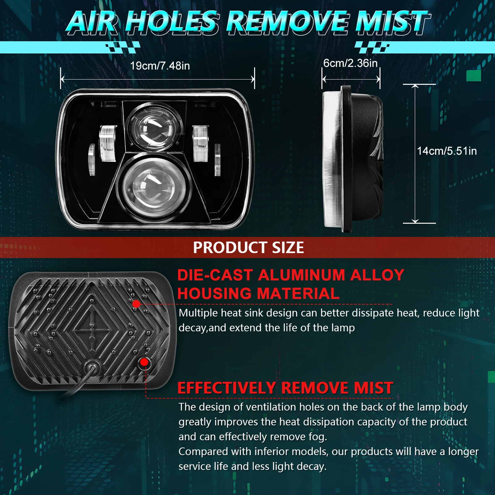 Faróis LED de 7x6 polegadas, faróis LED 5x7 para caminhões, farol LED retangular de feixe alto e baixo, cabeça retangular de LED branco brilhante IP67