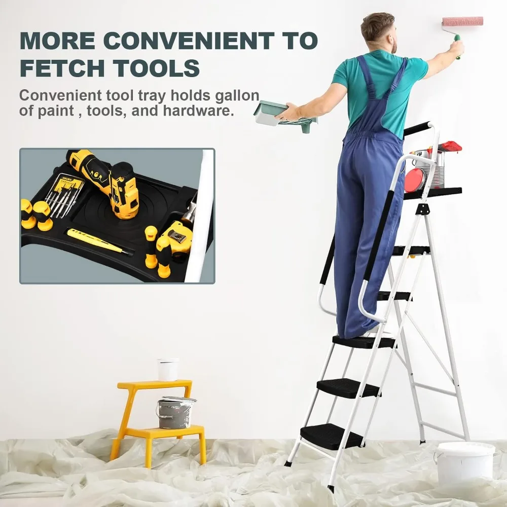 5 Step Ladder with Handrails, Folding Step Stool with Tool Platform, Sturdy& Portable Steel Ladder for Adults