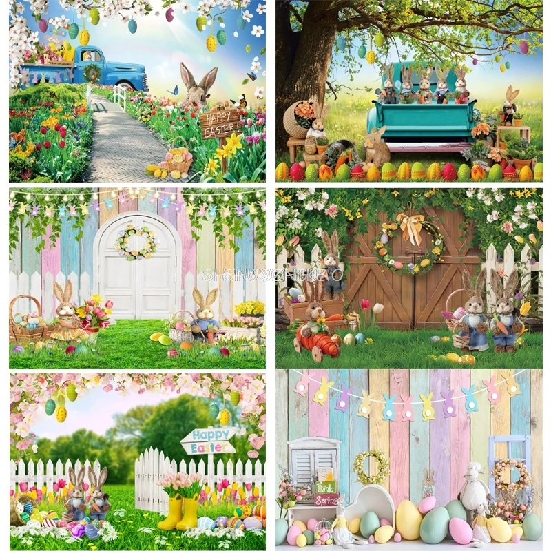 

Green Spring Easter Day Garden Photography Backdrop Rabbits Colorful Eggs Bunny Flower Wood Door Background Baby Portrait Banner