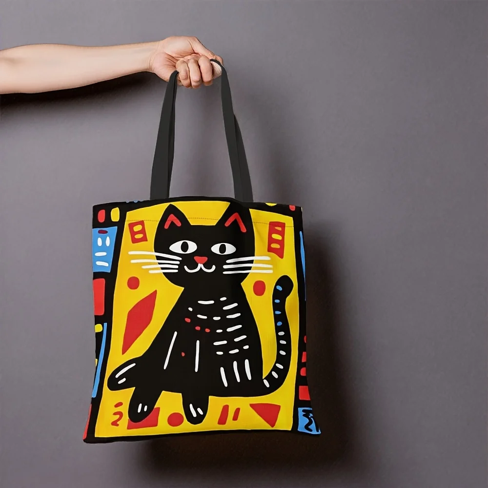 1pc Graffiti Cat Polyester Tote Bag, Durable Rectangle Shopping Bag, Ideal for Easter, Ramadan