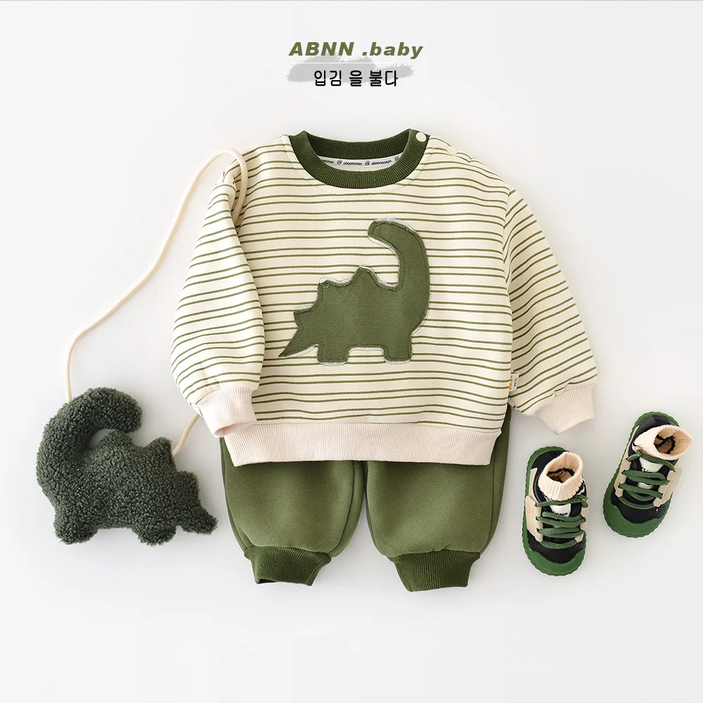 2025 شتاء جديد الطفل زائد المخملية ملابس سميكة مجموعة الأولاد الصوف ديناصور البلوز السراويل 2 قطعة دعوى طفل الدافئة ملابس غير رسمية #3