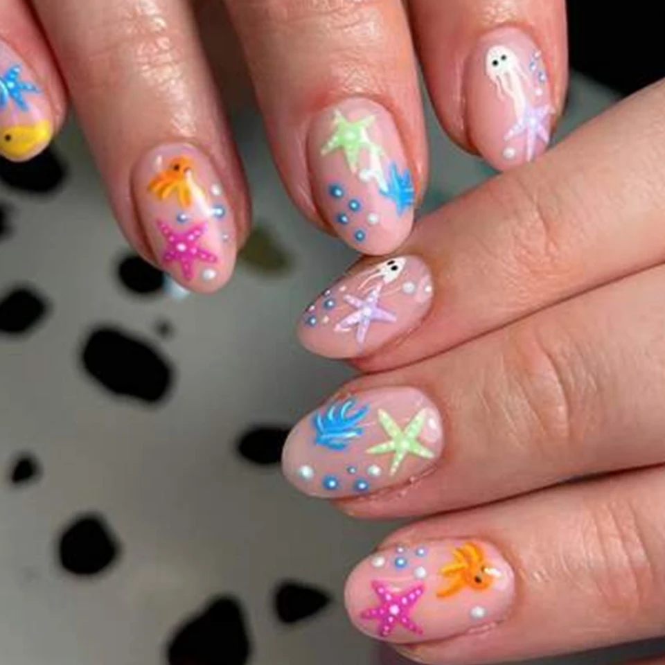24 piezas uñas postizas ovaladas cortas 3D con flores de perla, estilo francés acrílico 6