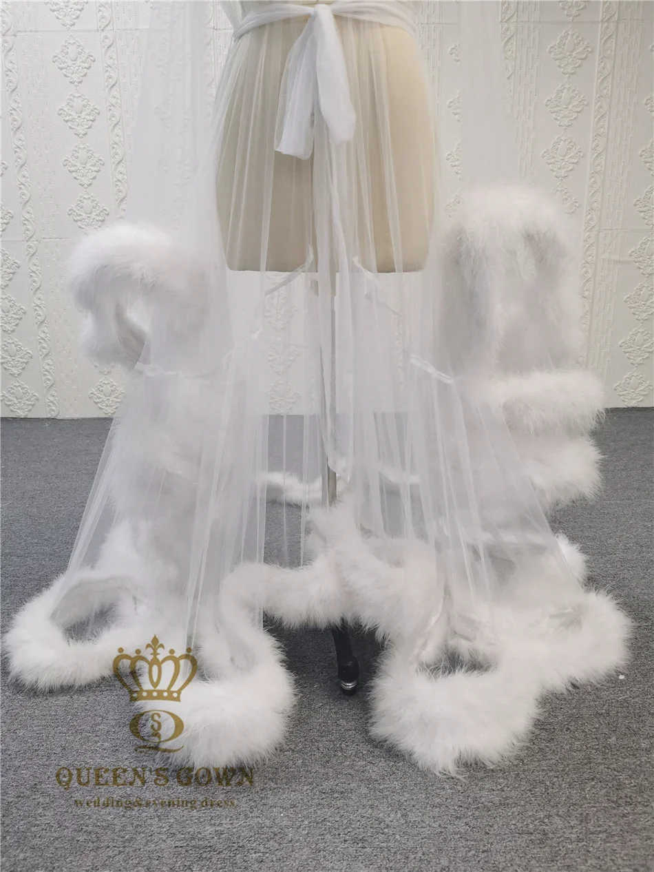 Ostrich feathers long sleeve wedding robe night gown With dress for women custom size