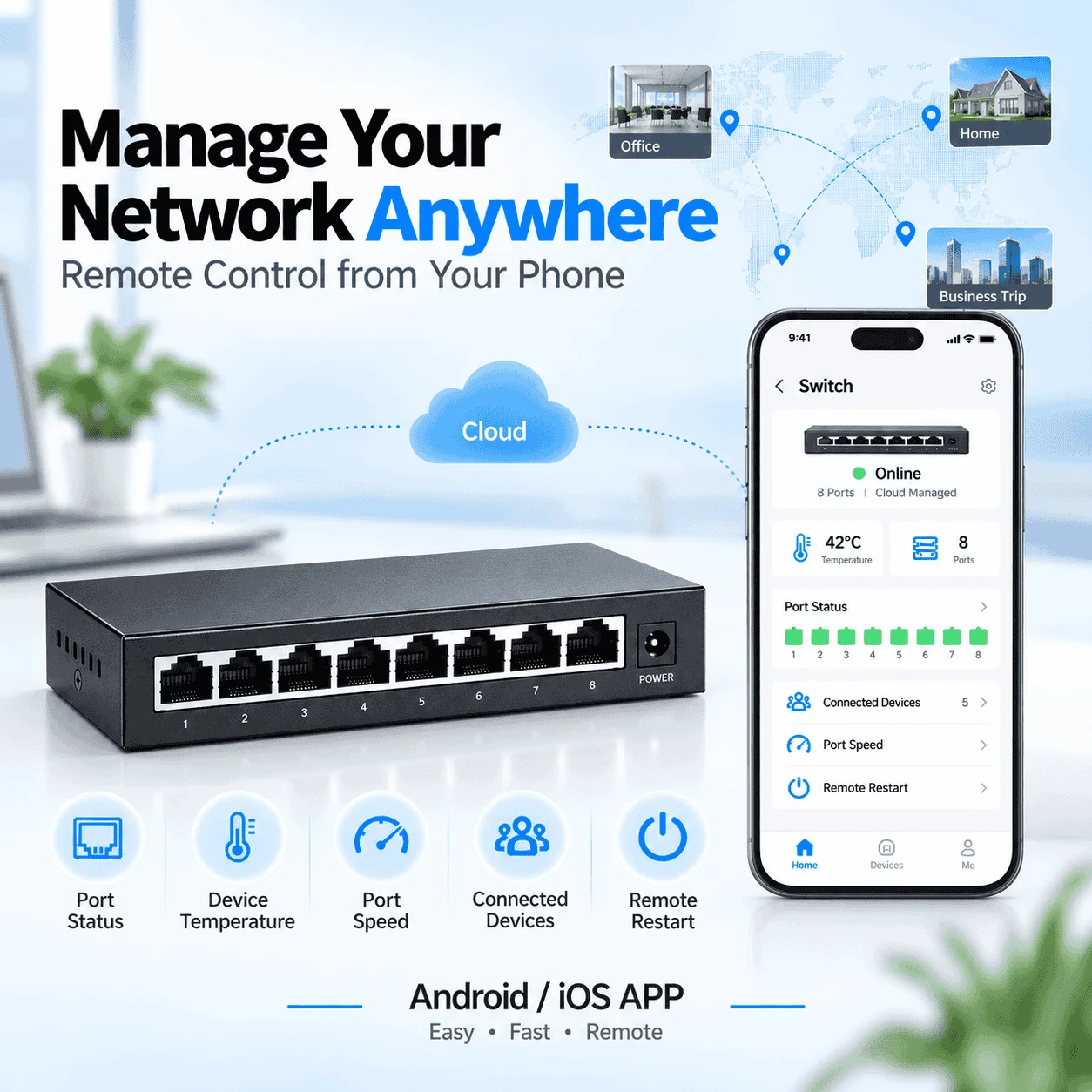 8 Port Gigabit Cloud Managed Switch Smart Ethernet Network Switch APP Remote Web Management VLAN 1000Mbps Fanless Metal for Home