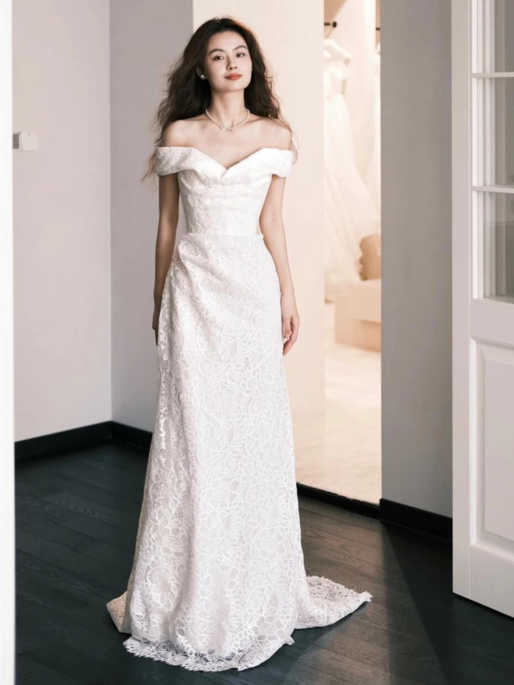 

Ele Lace One-oulder Fi-Tail Wedding Dr White Bridal Gown Vintage Sle Long Skirt Mid-Waist for Hotel Indoor Photo...