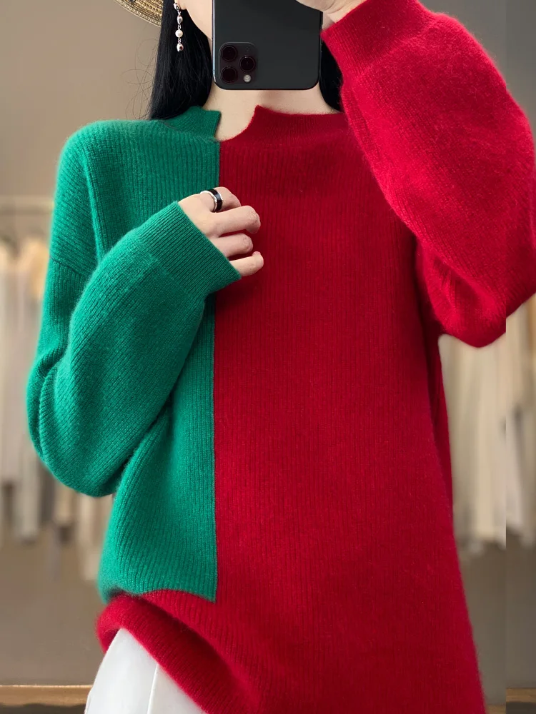 Autumn and Winter Cashmere Sweater 100% Merino Wool Knitting Color Contrast Clothing Women\'s O Neck Pullover Top Fashion Korean