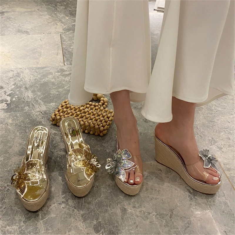 Aneikeh Fashion Platform Wedges High Heels Bling Sequin Fabric Flower PVC Transparent Women Slippers Summer Banquet Party Shoes view 4