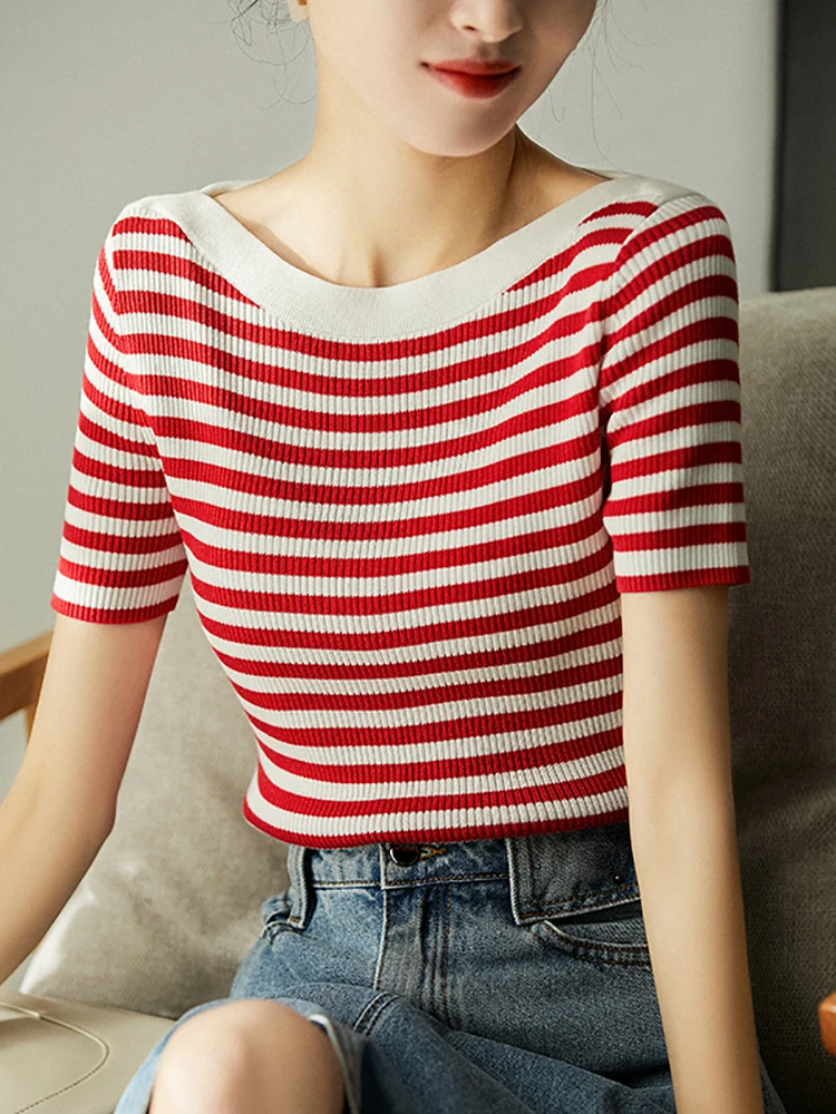 Black T Shirt Women Striped Slash Neck Korean Fashion Tee Shirts Short Sleeve Summer Knit Tops T-shirts Casual Women's Clothes