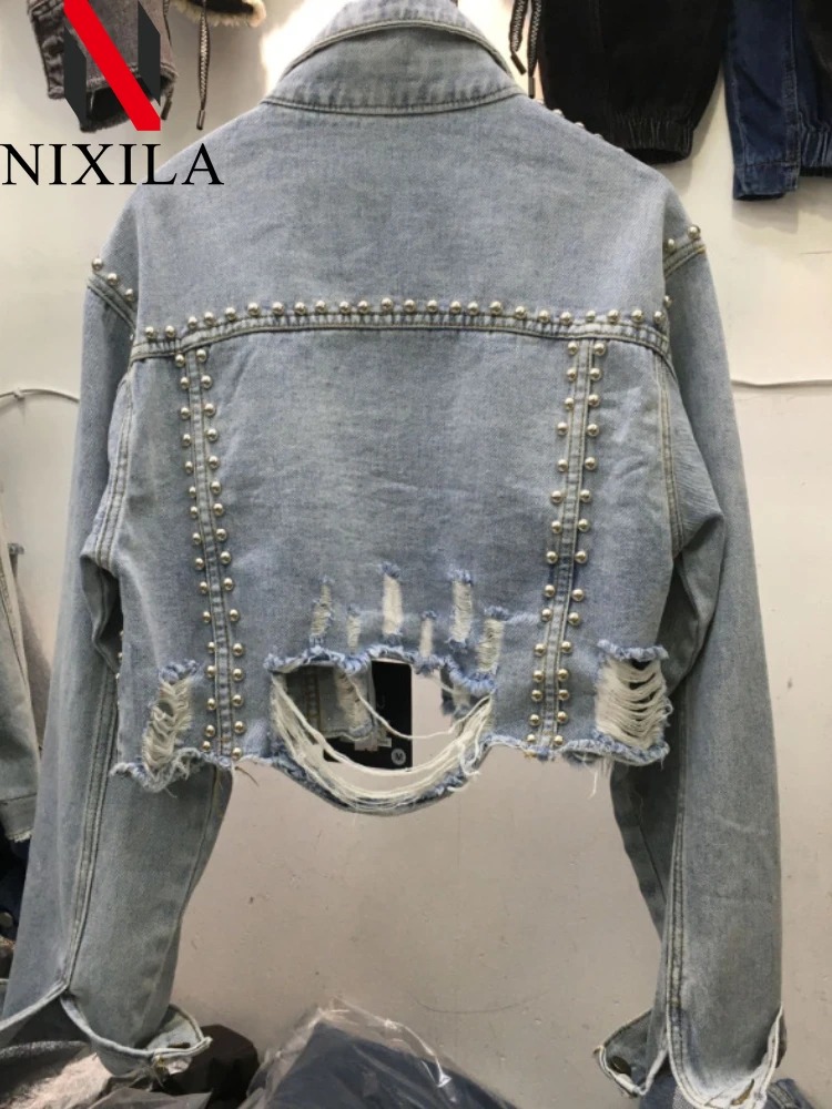 New in Spring Summer Womens Denim Jacket 2024 Heavy Industry Rivet Studded Jean Coats Women Worn Nail Bead Jean Long Sleeved Top