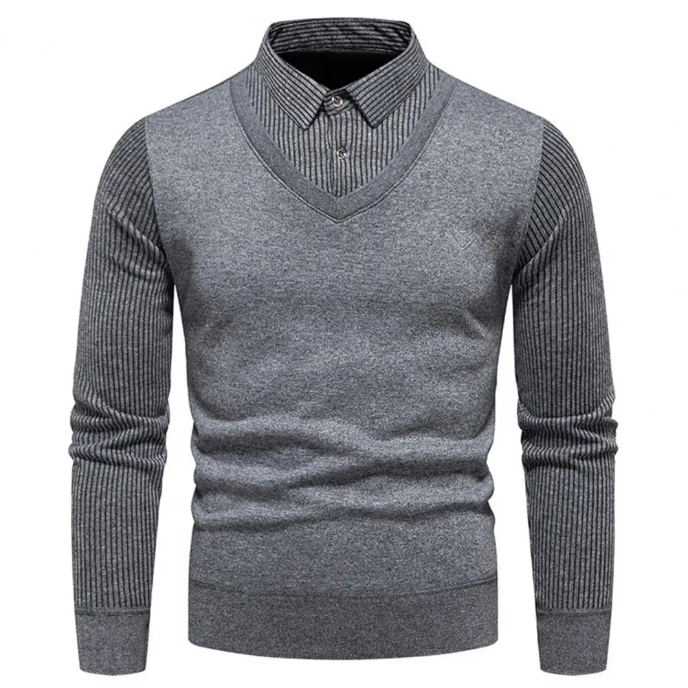 Men Sweater Fake Two-piece Long Sleeve Lapel Buttons Striped Knitted Sweater Slim Fit Soft Warm Pullover Men Matching Sweater