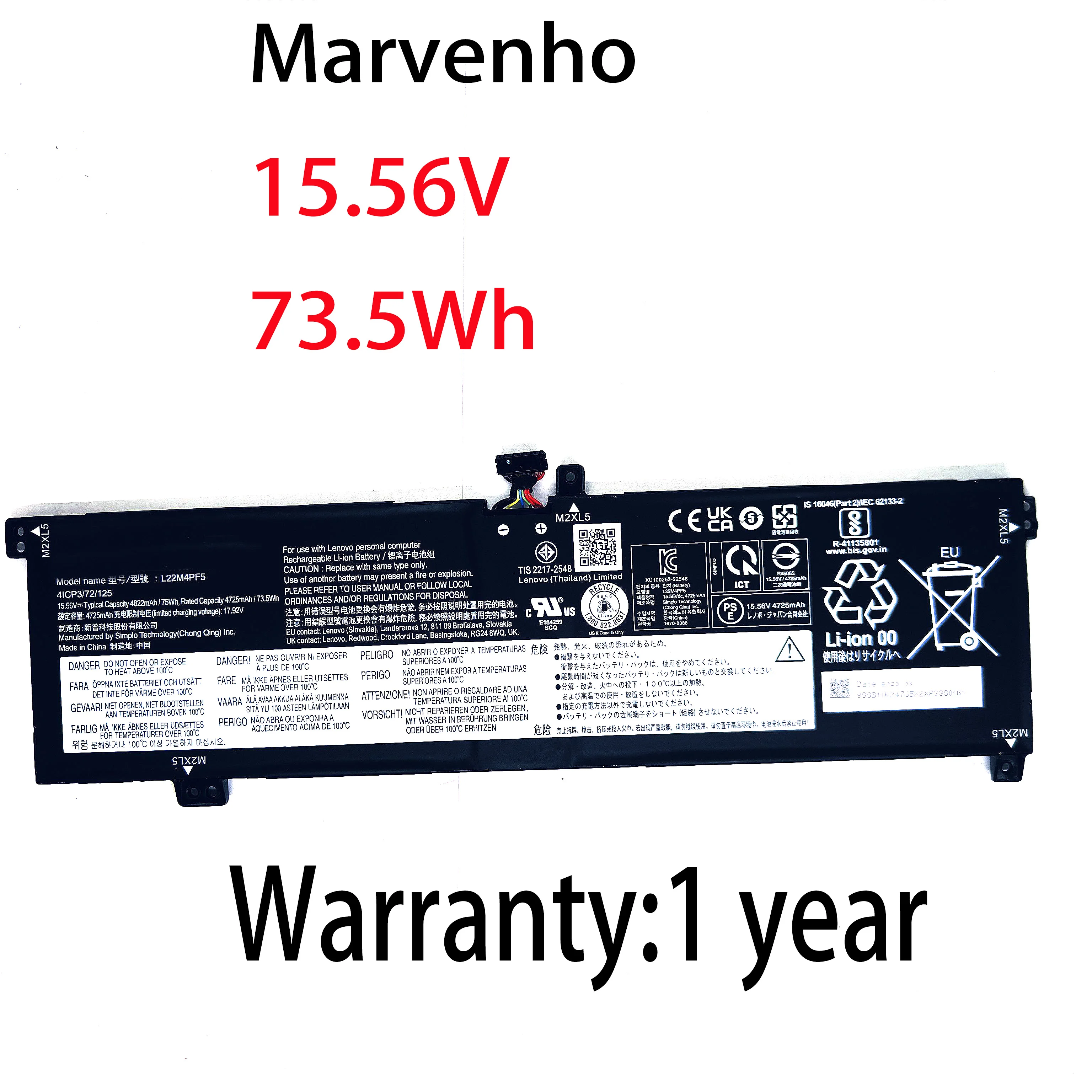 Marvenho New 73.5wh  15.56V  L22M4PF5 L22D4PF5 Laptop Battery for Lenovo IdeaPad Pro 5 16APH8 16ARP8 16IRH8 Yoga Pro 9 16IRP8