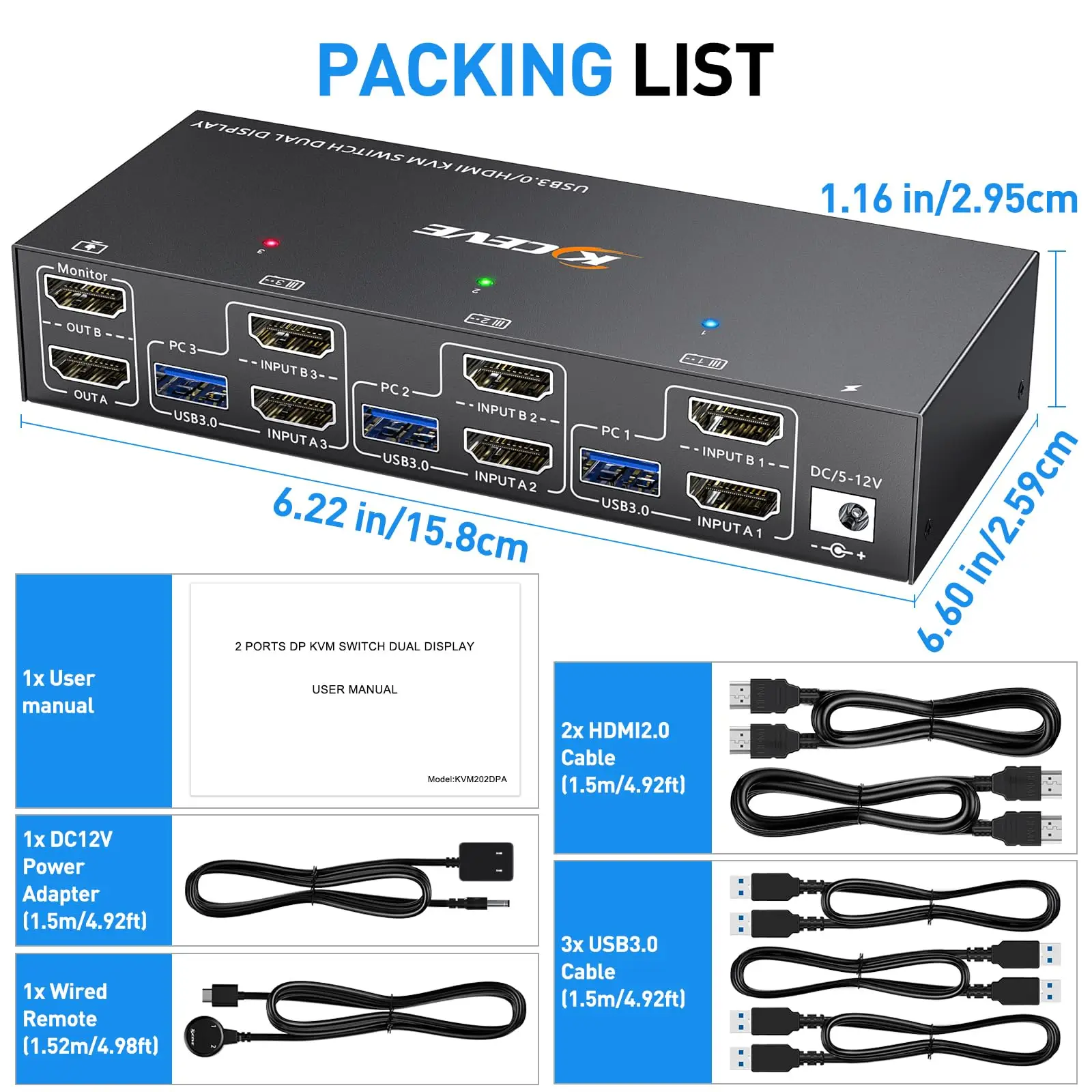 2024 NEW KCEVE KVM Switch 2 Monitors 3 Computers Dual Monitor KVM Switch HDMI for 3 Computers Share 2 Displays and 4 USB3.0 Port