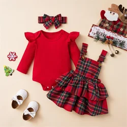 3Pcs Baby Girl Christmas Sets Solid Color Ribbed Long Sleeve Rompers Ruffle Plaid Suspender Skirts Headband Xmas Clothes