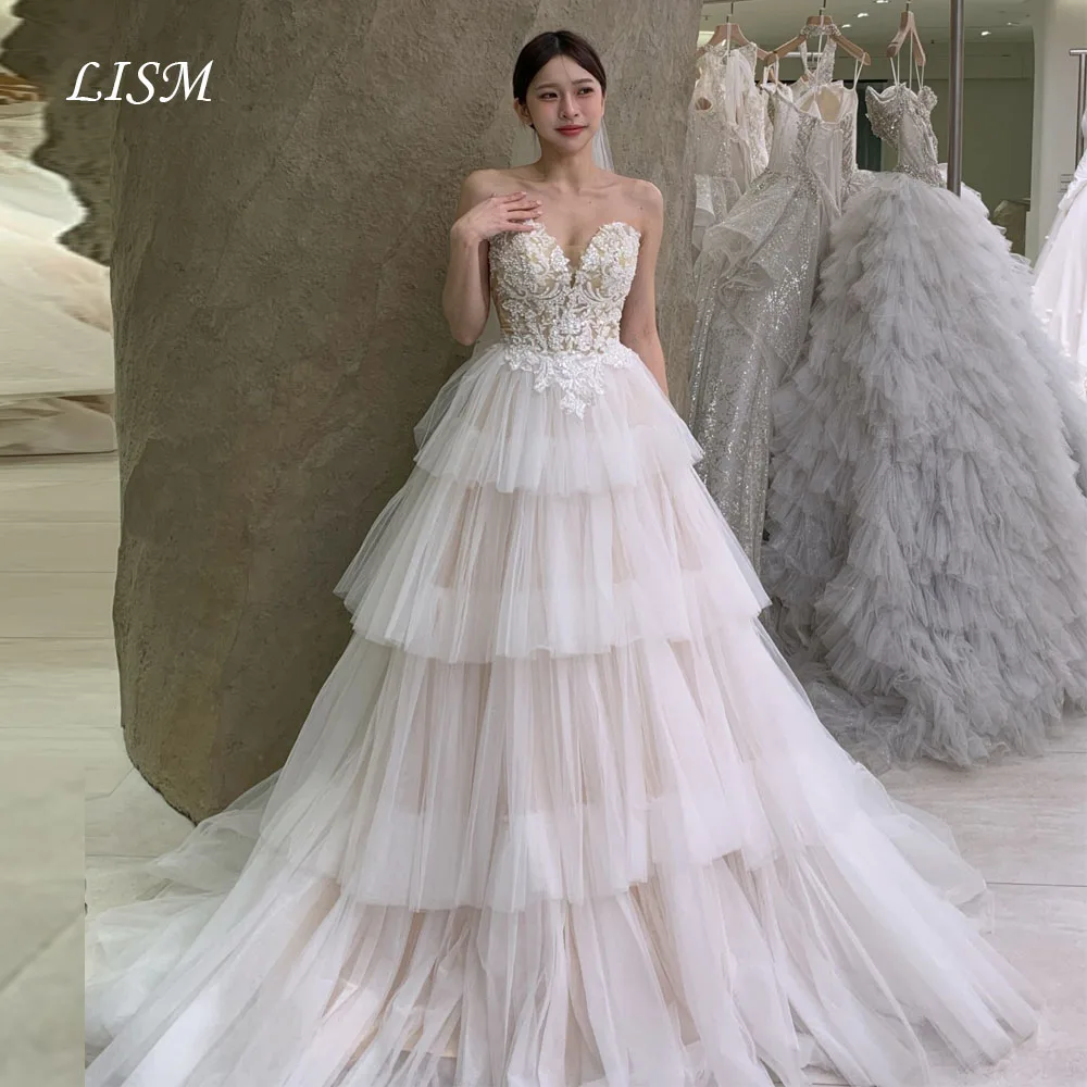 LISM Tiered A-Line Sweetheart Korea Wedding Dresses Photo Shoot Silk Tulle Lace Long Elegant Bridal Gowns Customized 웨딩드레스