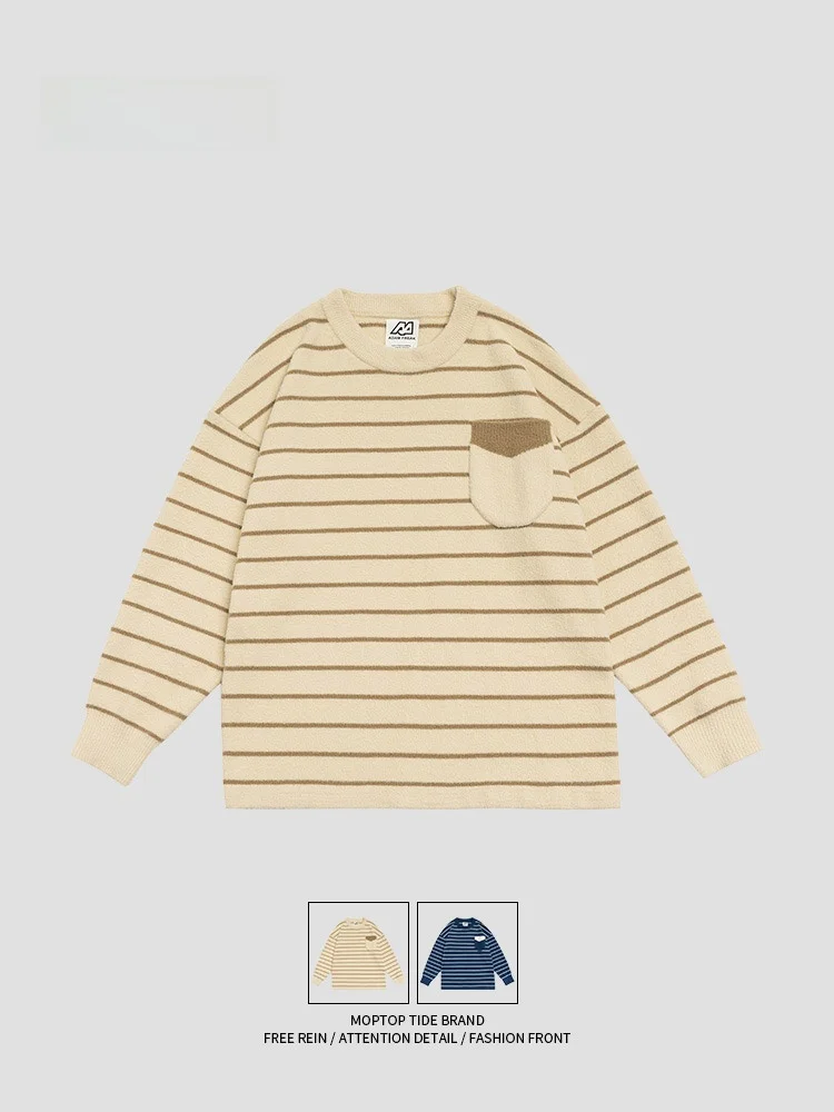

Мужской трикотажный свитер MMOPTOP с круглым вырезом, в полоску, нейтральный, весенний, свободного кроя, с длинными рукавами, повседневный, модный