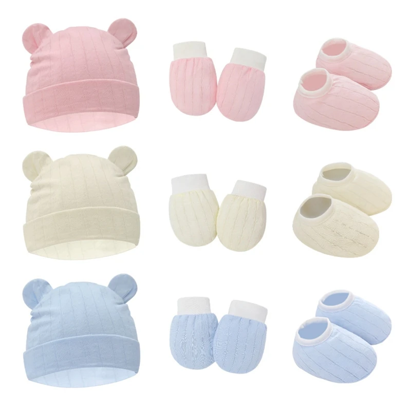 1 conjunto luvas anti arranhões para bebês, chapéu com orelhas fofas, conjunto cobertura para pés, algodão macio, sem
