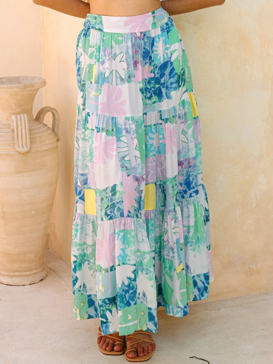 

High-Waisted Floral Printed Beach Skirt n Sle A-Line Skirt Polyester Fabric Elastic Waist for Women