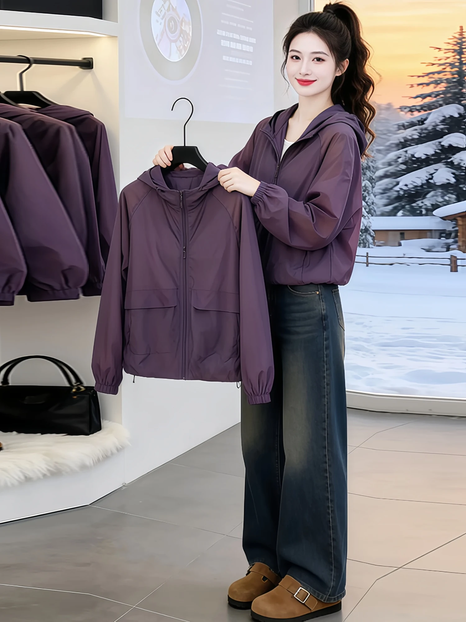 

Women's Summer Casual Fashion Anti-Uv Loose Fit Thin Long Sleeve Breathable Hooded Top Lightweight Purple Sun Protection Clot...