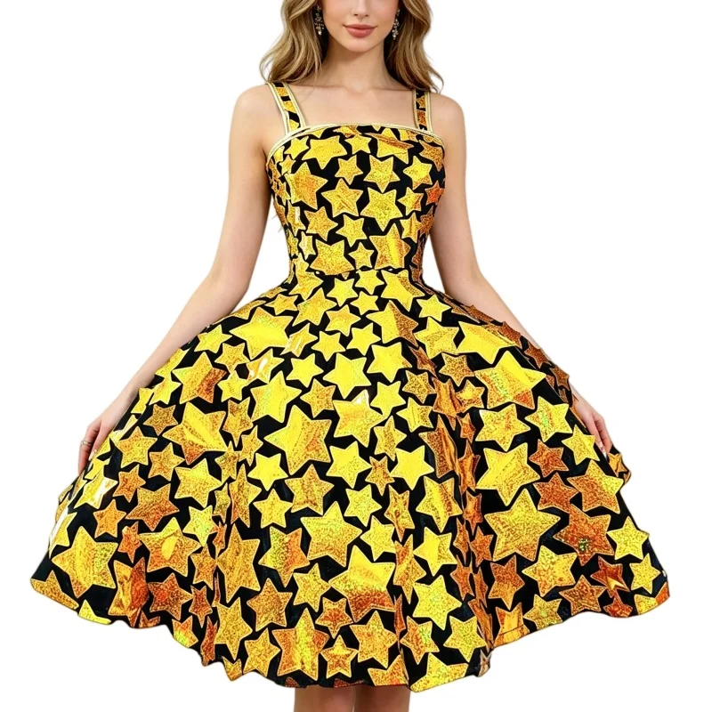 

Сексуальный танцевальный костюм с золотыми и серебряными лазерными пайетками, платье-пузырь для женщин, одежда для дня рождения, фестивалей, бара, рейва