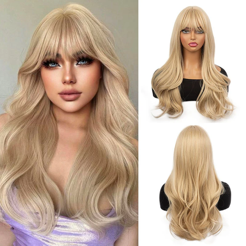 

European and American style women's wig with big waves, bangs, full head cover, multi-color long curly hair