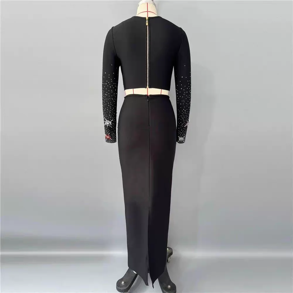 Customized Evening Dress Round Neck Long Sleeve Gradient Starburst Red Silver Rhinestone Crop Top