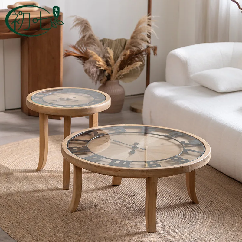 HYS Chinese antique living room creative clock coffee table with glass Japanese solid wood sofa side few cafe retro small round