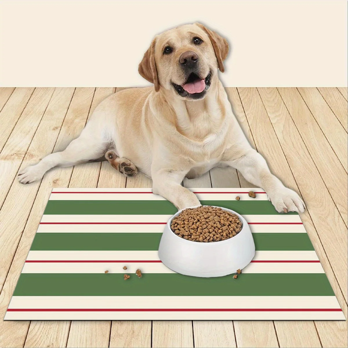 1pc Thick Leather Green and Red Striped Pet Feeding Mat, Polyester Pet Feeding Mat Non-Slip Quick-Dry Absorbent Tablecloth