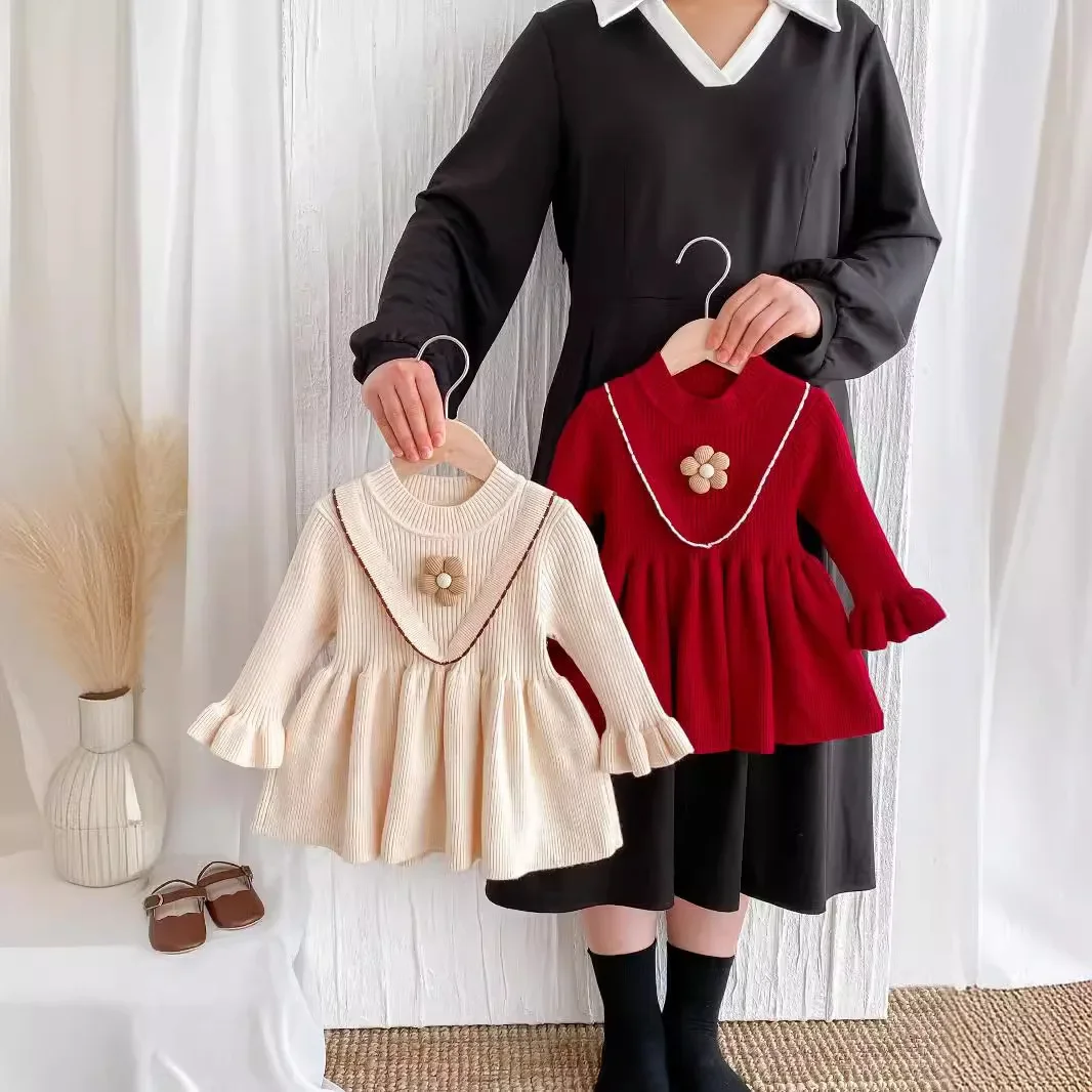 4099 Baby Clothes 2024 Autumn and Winter Girl Knitted Dress Long Sleeve Sweater Skirt Princess Baby Girl's Dress