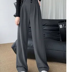 Pantalon large taille haute pour femme, pantalon décontracté femme, droit, café, FjAutumn, double boutons, imbibé, nouveau