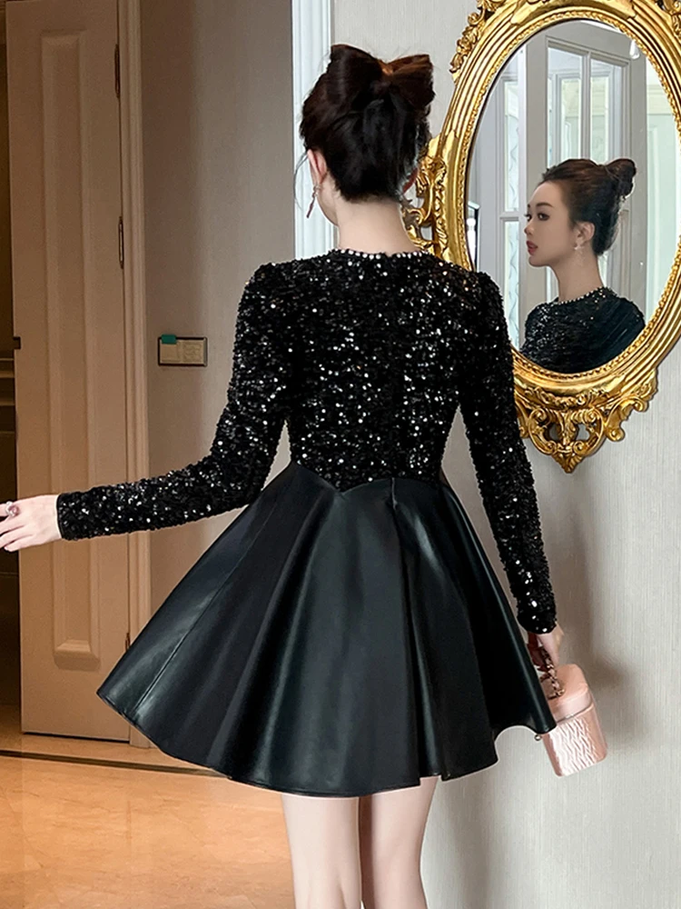 Abiti da donna Moda Dolce Abito da ballo Donna Elegante Lusso Nero Luminoso Paillettes PU Ecopelle Abito da ballo Party Club Abiti