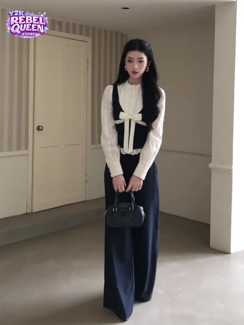 Coquette Elegant British 3 Piece Set Women Bow Tie Vest Long Sleeve Lace Blouse High Waist Wide Leg Pants Slim Fit Daily Outfit