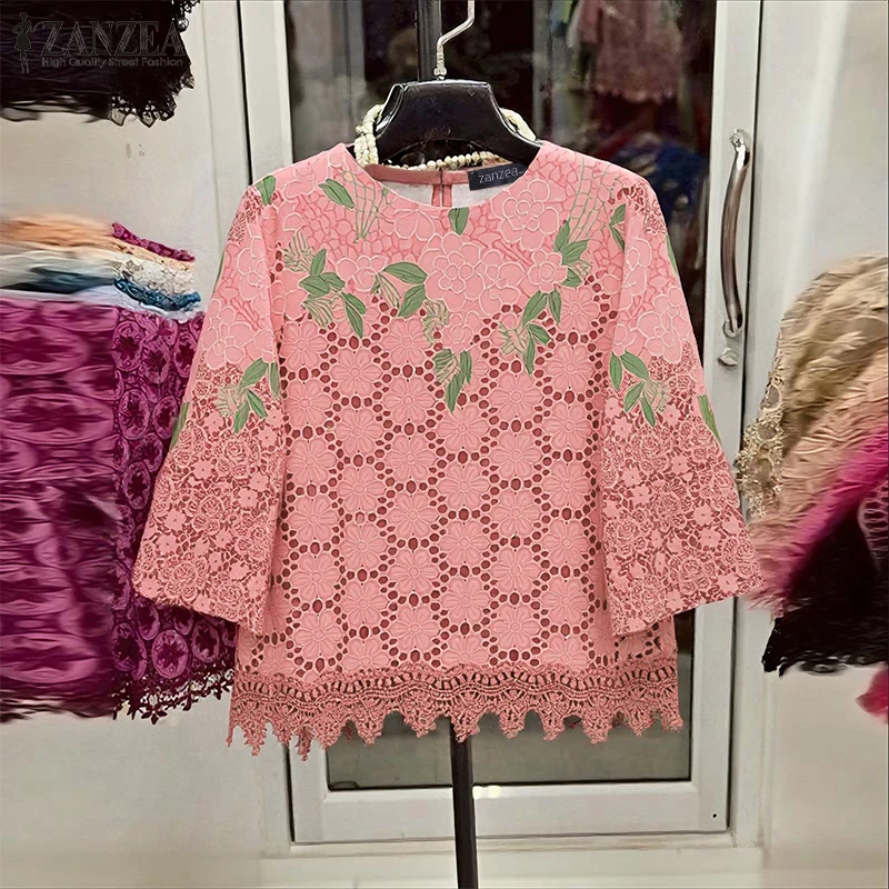 

ZANZEA Fashion Women Blouses 3/4 Sleeve Floral Print Vintage Tops Autumn O-Neck HolidayShirts Casual Female Blusas Clothing