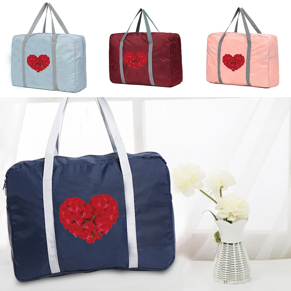 Bolsas de viaje plegables de gran capacidad, organizador de ropa, clasificación de equipaje Unisex, bolsos de mujer, bolsa de lona con estampado de corazón rosa