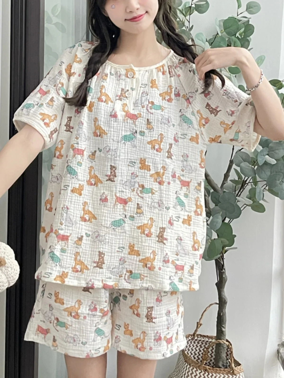 

Summer Cute Cartoon Dog Short Sleeve Sleepwear Set Comfortable Loose Breathable Pure Cotton Gauze Home Clothes for Women Stud...