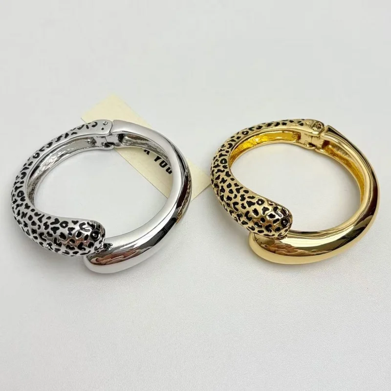 

Gold Plated C-Shaped Double-Tone Open Hand Bracelet for Women Trendy Oversize Metal Bracelet with Leopard Print for Party Wear