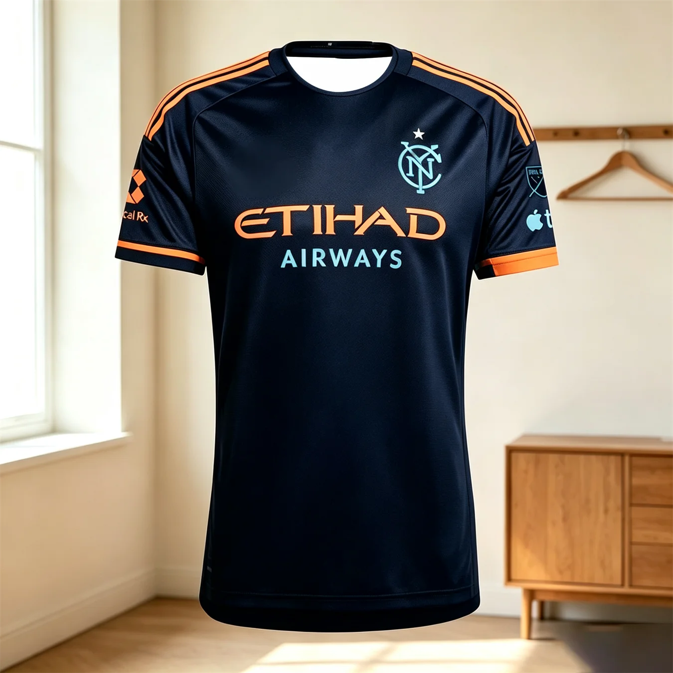 Men NYCFC Black Away Soccer Jersey Etihad Airways Print Quick Dry Short Sleeve Crew Neck Football Fan Training Sports Tee Tops