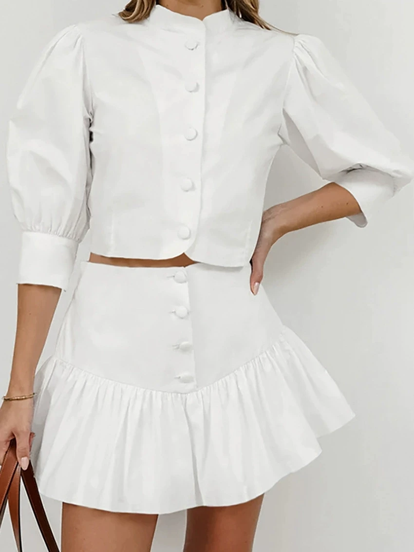 

Летний белый костюм из чистого хлопка, рубашка с рукавами-фонариками, короткая юбка, комплект из двух предметов, новинка 2025 года, повседневная рубашка с короткими рукавами + комплект с короткими штанами