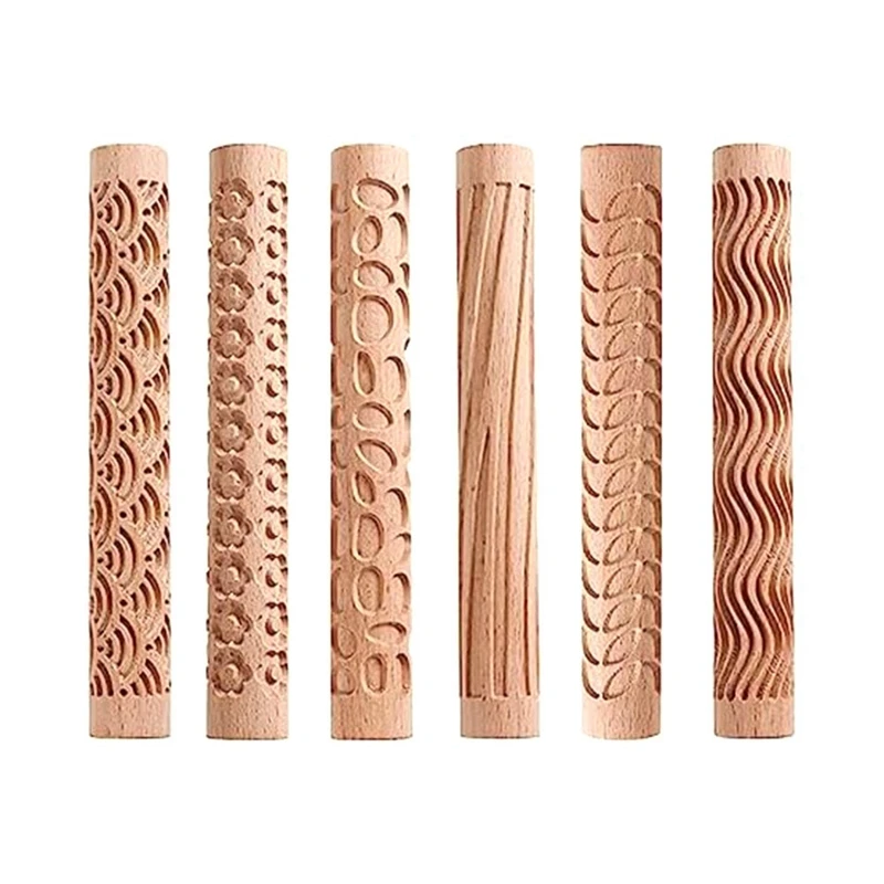 

6 Piece Clay Rolling Pin Textured Hand Roller Wooden Handle Pottery Tools Set Durable Easy To Use