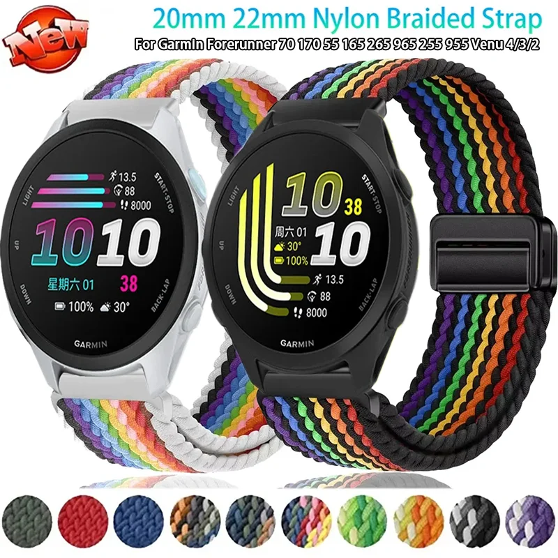 Pulseira de Nylon Trançada Magnética de 22mm 20mm para Garmin Forerunner 70 170 55 165 265 965 255 955/Active 6-5/Venu 4-3-2