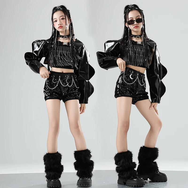 

2025 черная одежда Kpop с блестками для девочек, костюмы для группового джазового танца, детская одежда для бальных танцев, бедра, танцевальная одежда DQS21066