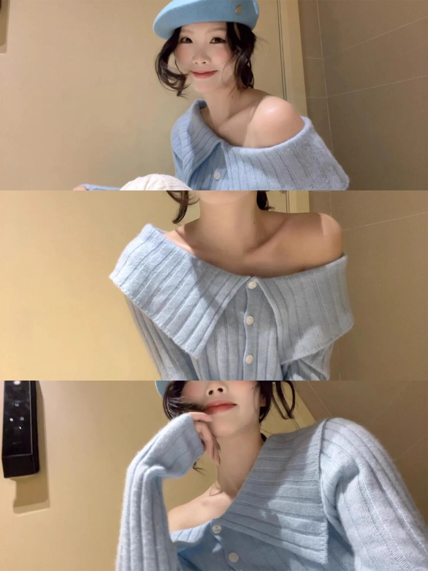 

Корейский синий свитер на одно плечо с большим воротником, женский, для ношения как под одежду, так и поверх, в стиле кэжуал, высококачественный вязаный топ, осень-зима