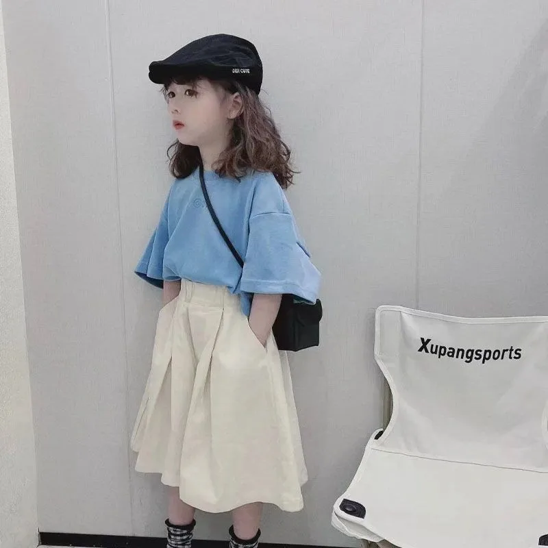 Summer Korean Version New Girls Short Sleeved Fashionable Little Girls Casual Sports Solid Color Two Piece Set in Stock
