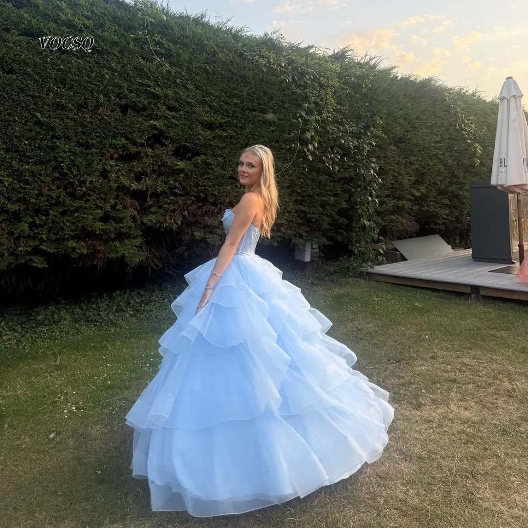 Prom Dress Baby Blue Strapless Lace Corset Multi Layer Ruffle Tulle Ball Gown Lace Up Back Long Formal Party Gown Customized