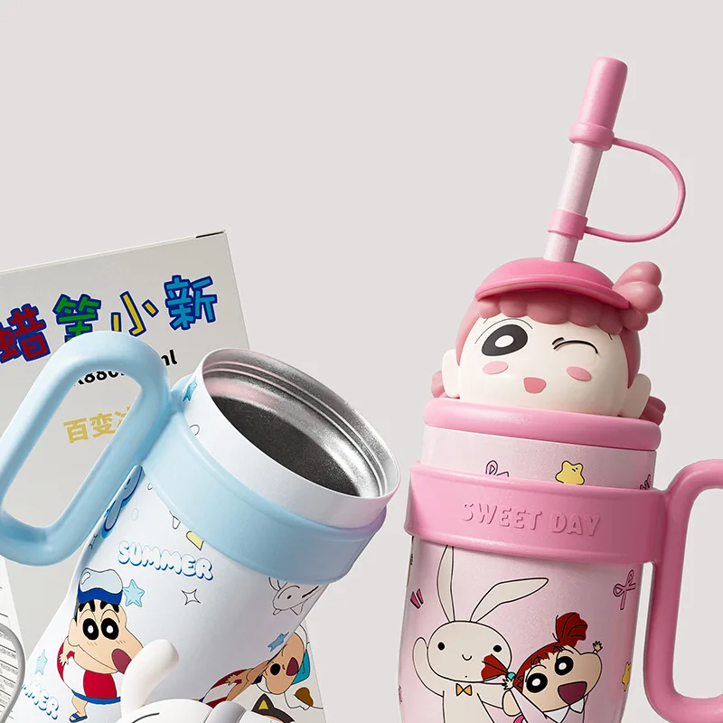 X&W Crayon Shin-Chan Children Insulated Cup 800ml 316 Stainless Steel Ice Tumbler Cute Straw Cup Portable Travel Car Cup Gifts