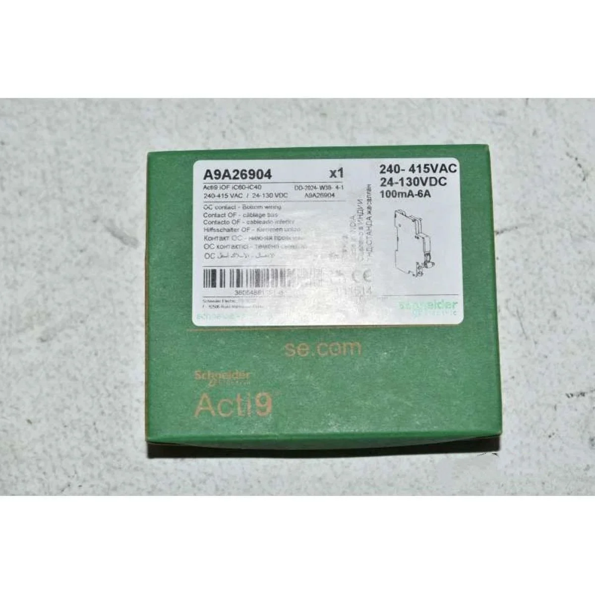 A9A26924 new model A9A26904 Auxiliary contact, Acti9 A9A, iOF, 1 C/O, 100mA to 6A, 24VAC to 415VAC, 24-130 VDC, bottom connectio