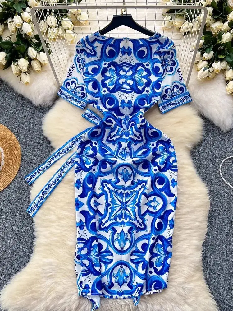 JAEMRARY Summer Holiday Print Dress Women Blue White Porcelain Floral Robe Short Sleeve Bandage Lace Up Wrap Midi Vestidos Cloth