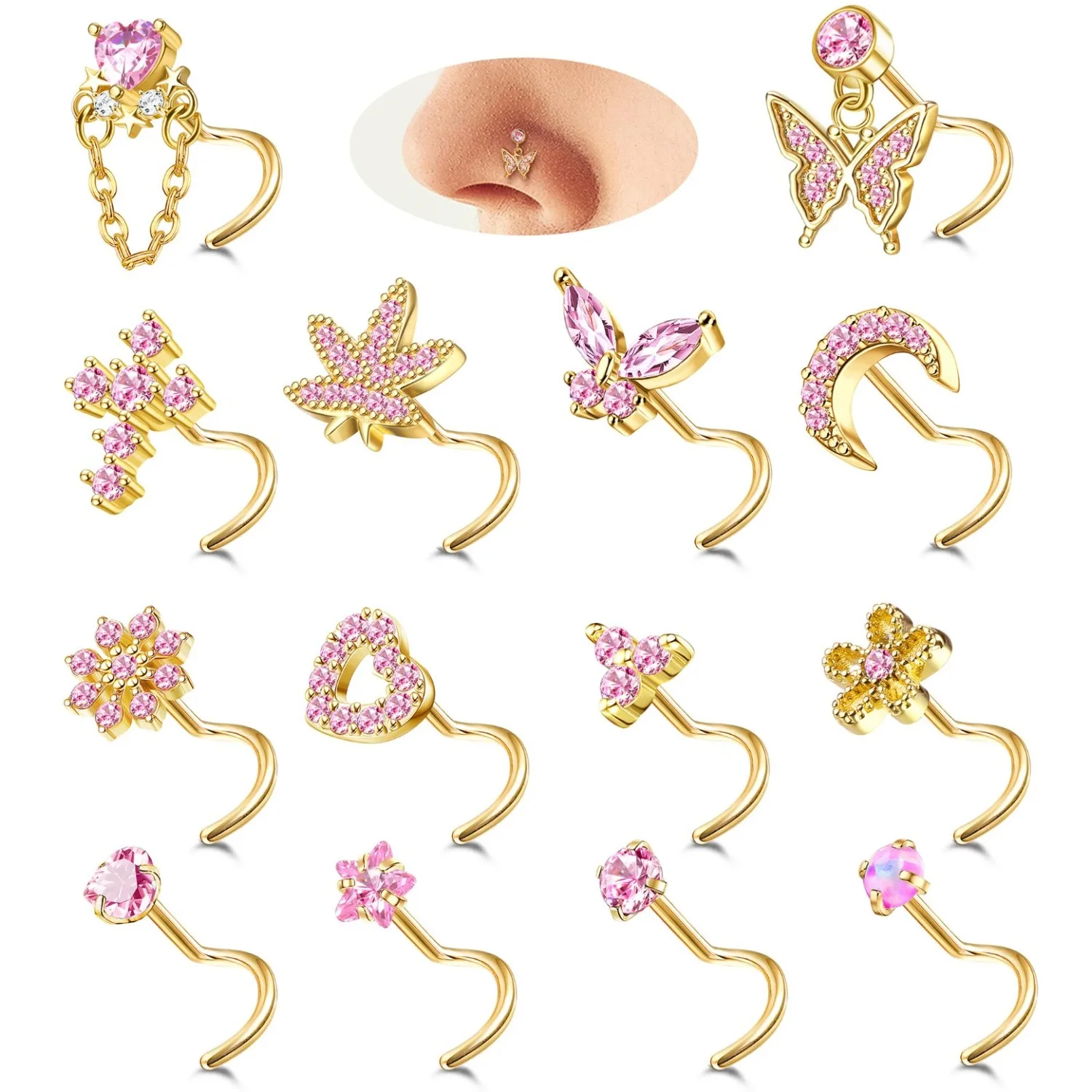 Bobisty 14Pcs Stainless Steel Nose Rings Nose Studs for Women 20G L Shaped CZ Opal Dangle Nose Piercing Jewelry