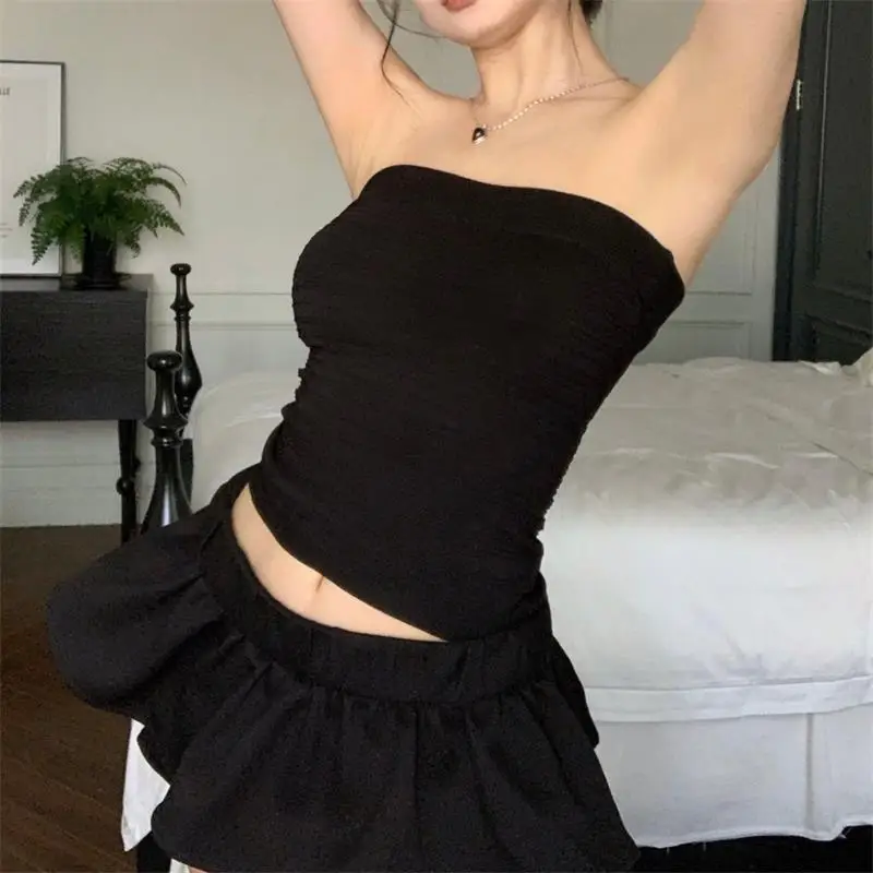 Summer Short Strapless Crop Top Knit Wrapped Chest Bottom Shirt with Pleated Black Sexy Tank Top Basic Top for Wome Club