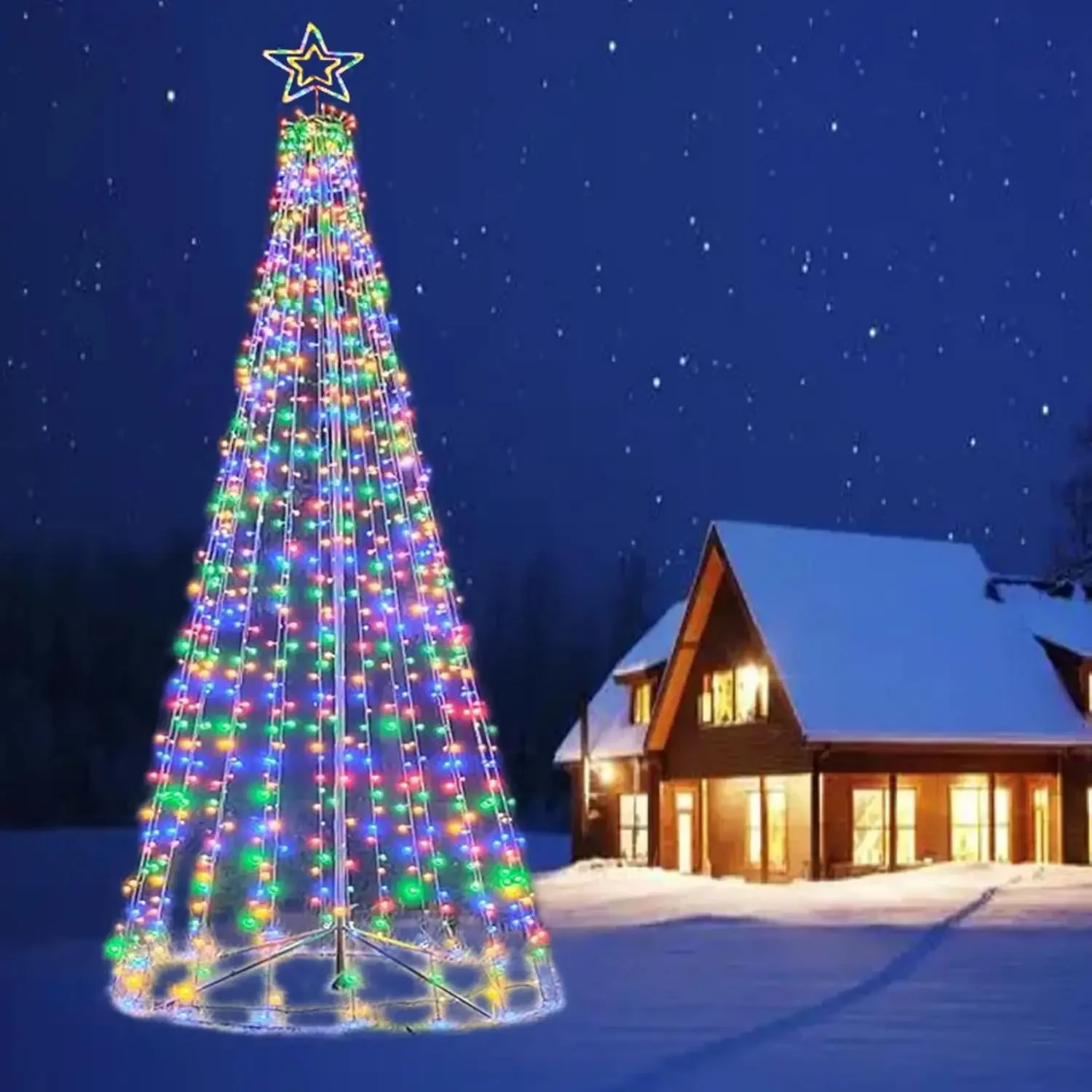 12Ft Outdoor Lighting Christmas Tree Lights Cone Tall Star Topped Artificial Christmas Trees Outside Decor Multicolor/Warm White