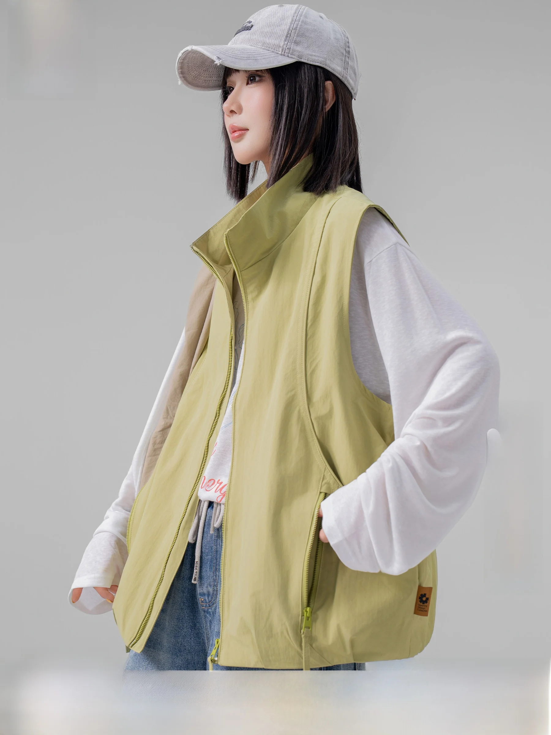 

AOGZ Spring Summer New Men's Outdoor Thin Sleeveless Stand Collar Workwear Vest Fashionable Citywalk Windproof Polyester